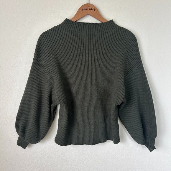 Line Dot Sweater Womens Medium Olive Green Ribbed Ballon Sleeve Pullover Top M - Picture 1 of 7